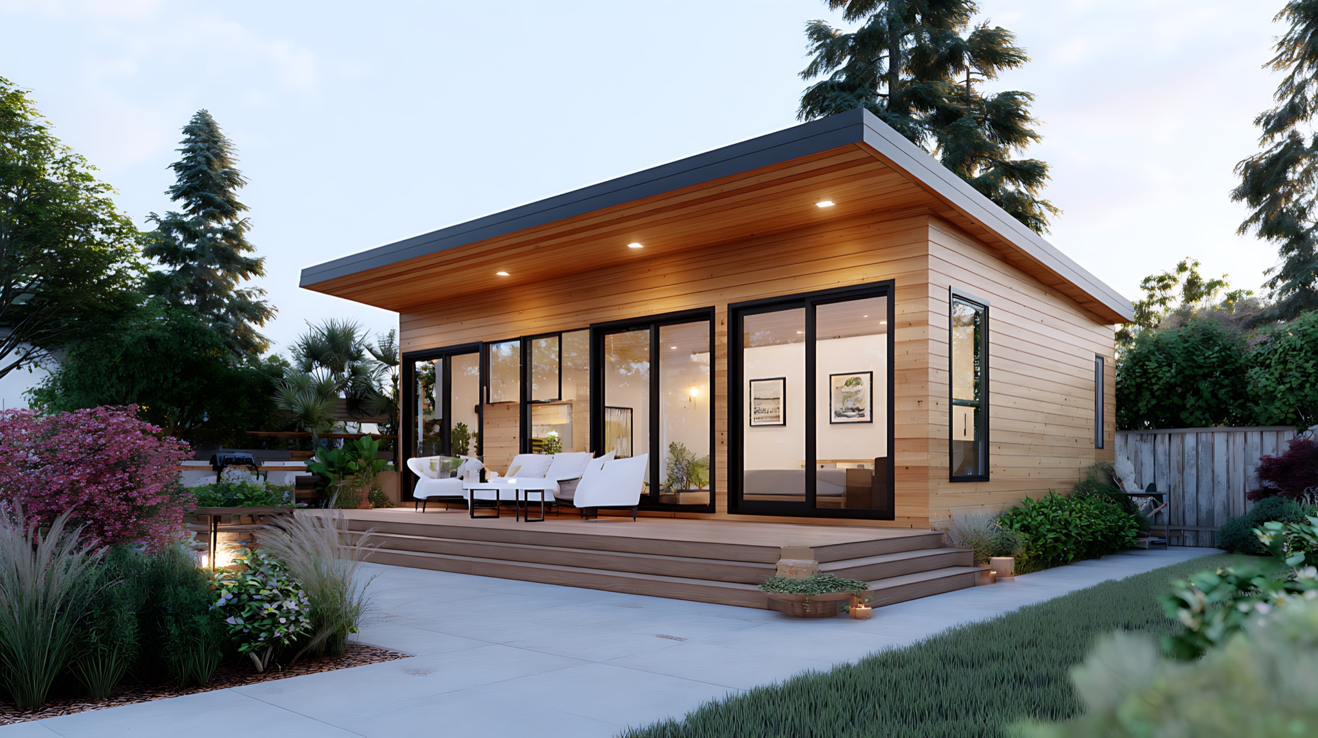 Contemporary flat-roof cedar cabin at dusk